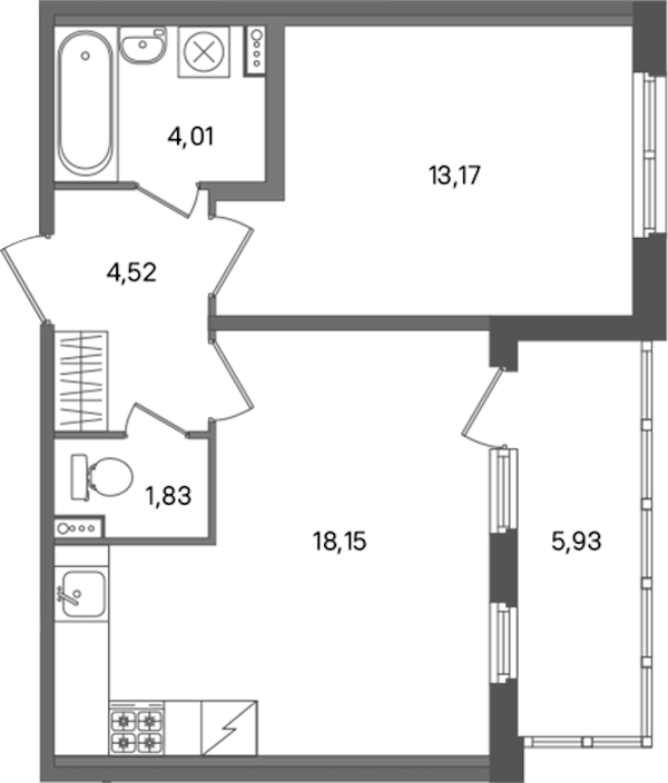 1-комнатная квартира 41.68 м², 1/5 эт., ЖК «ПАТИО. Уютный квартал»